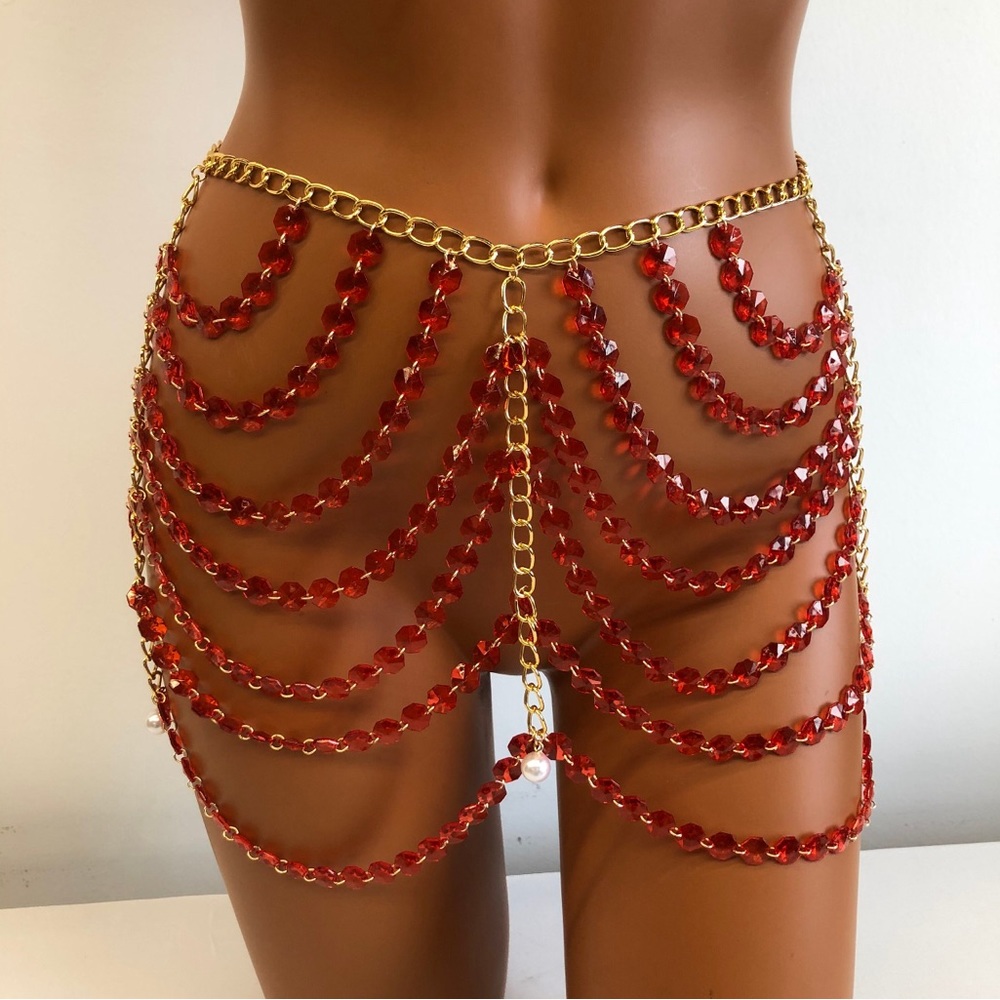 Red beaded, gold chain skirt